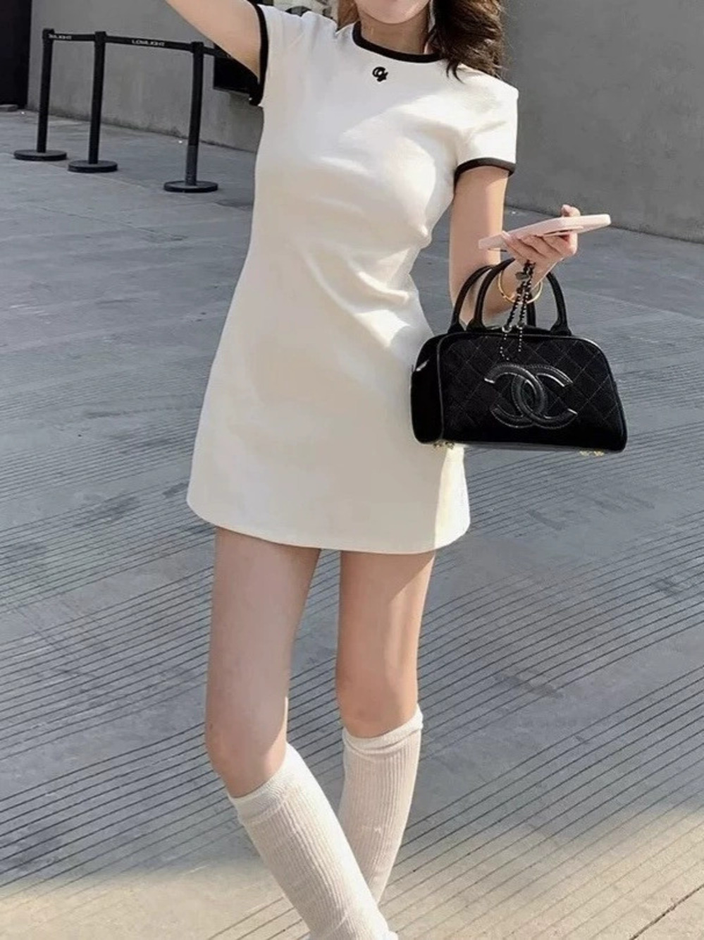 ZARA Petite Contrast Embroidery Short Sleeve Fitted Knit Dress